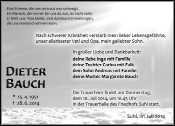 Traueranzeige von Dieter Bauch von Südthüringer Presse
