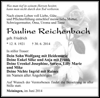 Traueranzeige von Pauline Reichenbach von Südthüringer Presse