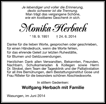 Traueranzeige von Monika Herbach von Südthüringer Presse