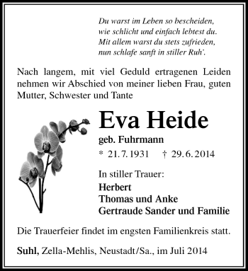 Traueranzeige von Eva Heide von Südthüringer Presse