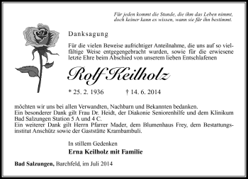 Traueranzeige von Rolf Keilholz von Südthüringer Presse