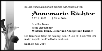 Traueranzeige von Annemarie Richter von Südthüringer Presse
