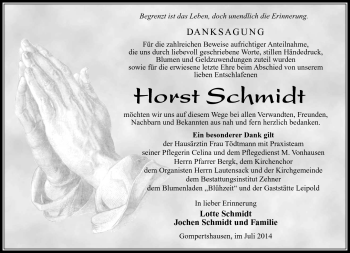 Traueranzeige von Horst Schmidt von Südthüringer Presse