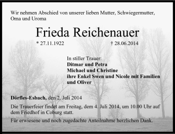 Traueranzeige von Frieda Reichenauer von Neue Presse Coburg