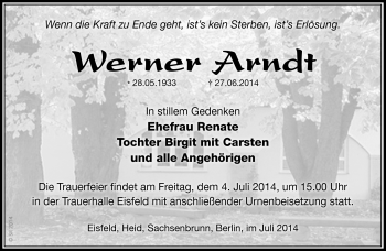 Traueranzeige von Werner Arndt von Südthüringer Presse