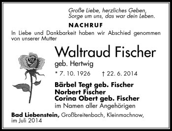 Traueranzeige von Waltraud Fischer von Südthüringer Presse
