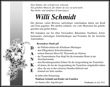 Traueranzeige von Willi Schmidt von Südthüringer Presse