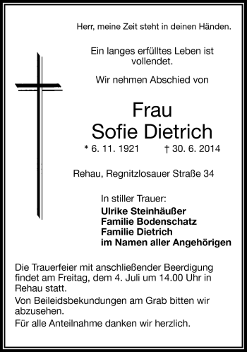 Traueranzeige von Sofie Dietrich von Frankenpost