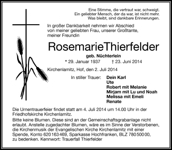 Traueranzeige von Rosemarie Thierfelder von Frankenpost