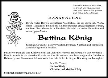 Traueranzeige von Bettina König von Südthüringer Presse