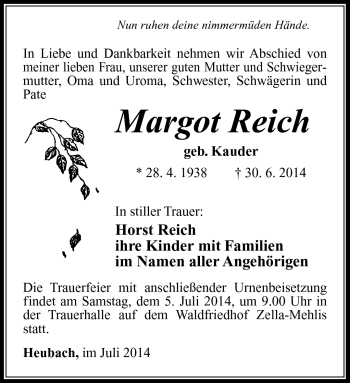 Traueranzeige von Margot Reich von Südthüringer Presse