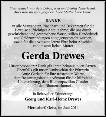 Traueranzeige von Gerda Drewes von Südthüringer Presse