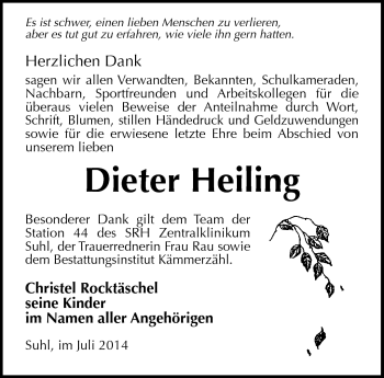 Traueranzeige von Dieter Heiling von Südthüringer Presse