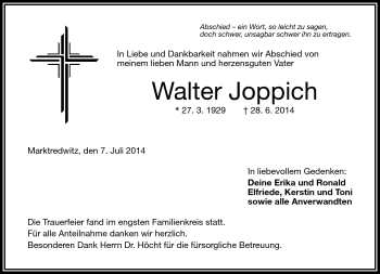Traueranzeige von Walter Joppich von Frankenpost