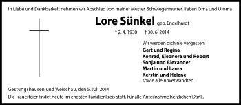 Traueranzeige von Lore Sünkel von Neue Presse Coburg