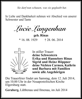 Traueranzeige von Lucie Langenhan von Südthüringer Presse