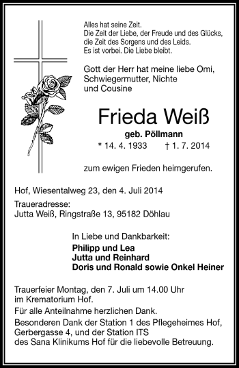 Traueranzeige von Frieda Weiß von Frankenpost