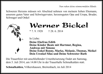 Traueranzeige von Werner Bickel von Südthüringer Presse