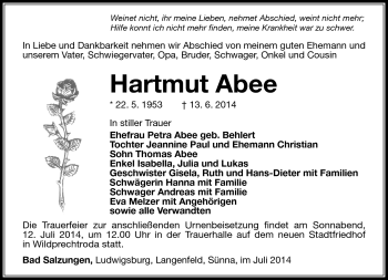 Traueranzeige von Hartmut Abee von Südthüringer Presse