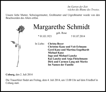 Traueranzeige von Margarethe Schmidt von Neue Presse Coburg