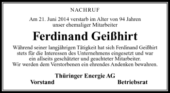 Traueranzeige von Ferdinand Geißhirt von Südthüringer Presse
