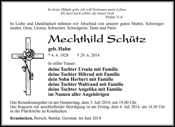 Traueranzeige von Mechthild Schütz von Südthüringer Presse