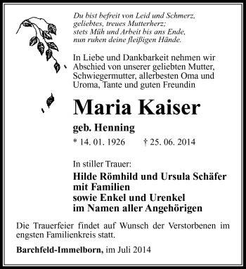 Traueranzeige von Maria Kaiser von Südthüringer Presse