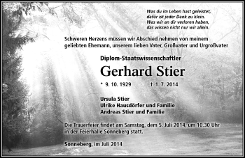 Traueranzeige von Gerhard Stier von Südthüringer Presse