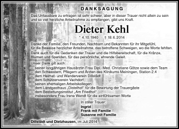 Traueranzeige von Dieter Kehl von Südthüringer Presse