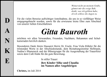 Traueranzeige von Gitta Bauroth von Südthüringer Presse