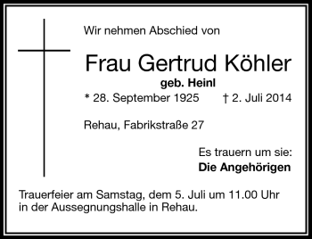 Traueranzeige von Gertrud Köhler von Frankenpost