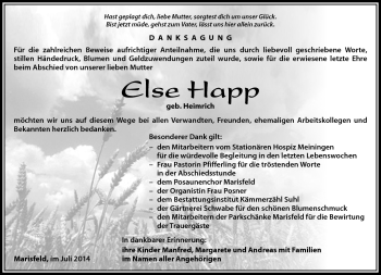 Traueranzeige von Else Happ von Südthüringer Presse