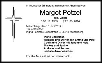 Traueranzeige von Margot Potzel von Frankenpost