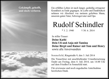 Traueranzeige von Rudolf Schindler von Neue Presse Coburg