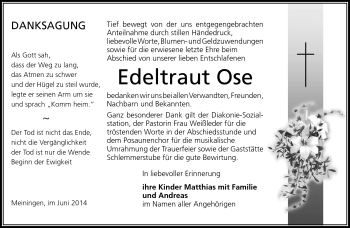 Traueranzeige von Edeltraut Ose von Südthüringer Presse