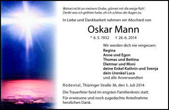 Traueranzeige von Oskar Mann von Neue Presse Coburg