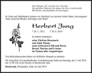 Traueranzeige von Herbert Jung von Südthüringer Presse