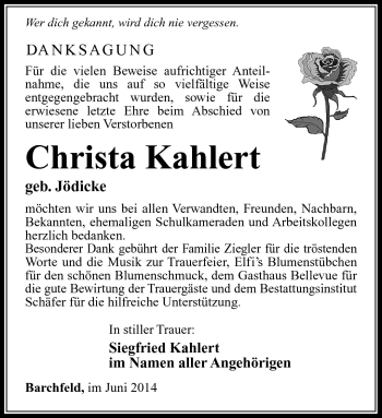 Traueranzeige von Christa Kahlert von Südthüringer Presse