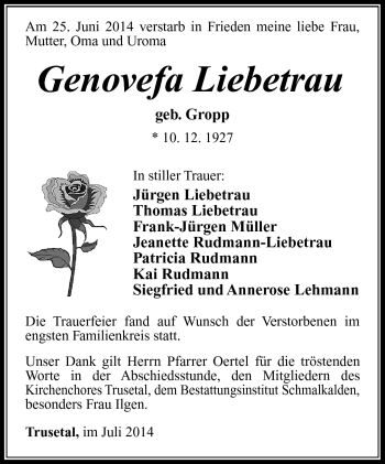 Traueranzeige von Genovefa Liebetrau von Südthüringer Presse