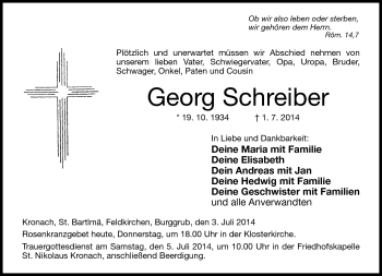 Traueranzeige von Georg Schreiber von Neue Presse Coburg