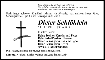 Traueranzeige von Dieter Schlöhlein von Südthüringer Presse
