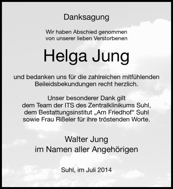 Traueranzeige von Helga Jung von Südthüringer Presse