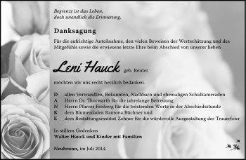 Traueranzeige von Leni Hauck von Südthüringer Presse