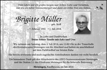 Traueranzeige von Brigitte Müller von Südthüringer Presse