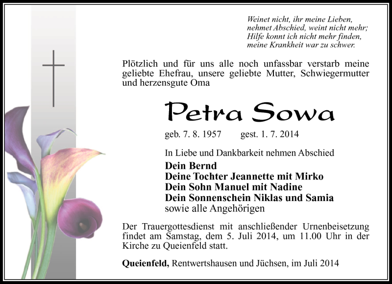 Traueranzeige für Petra Sowa vom 03.07.2014 aus Südthüringer Presse