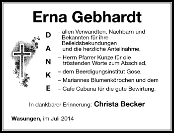 Traueranzeige von Erna Gebhardt von Südthüringer Presse
