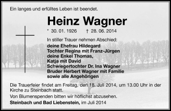 Traueranzeige von Heinz Wagner von Südthüringer Presse