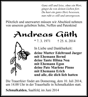 Traueranzeige von Andreas Güth von Südthüringer Presse