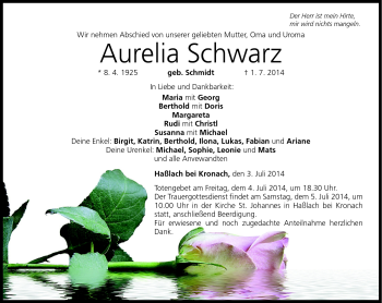 Traueranzeige von Aurelia Schwarz von Neue Presse Coburg