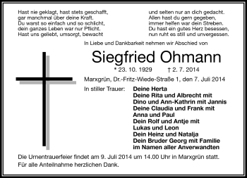 Traueranzeige von Siegfried Ohmann von Frankenpost